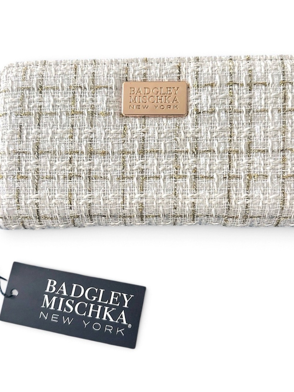 Badgley Mischka Cream Tweed Clutch with Gold Plaque